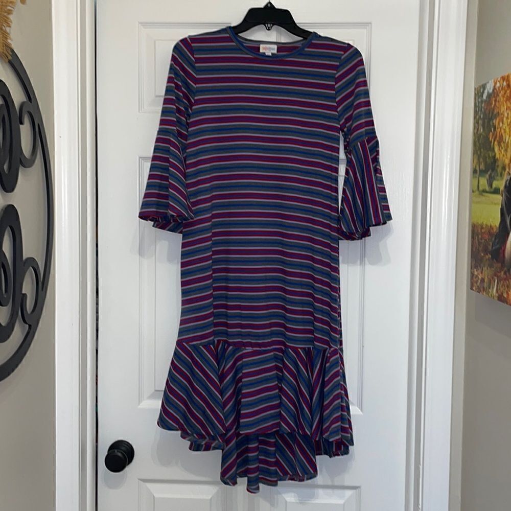 LuLaRoe Gray, Blue & Red Striped Maurine Midi Dress